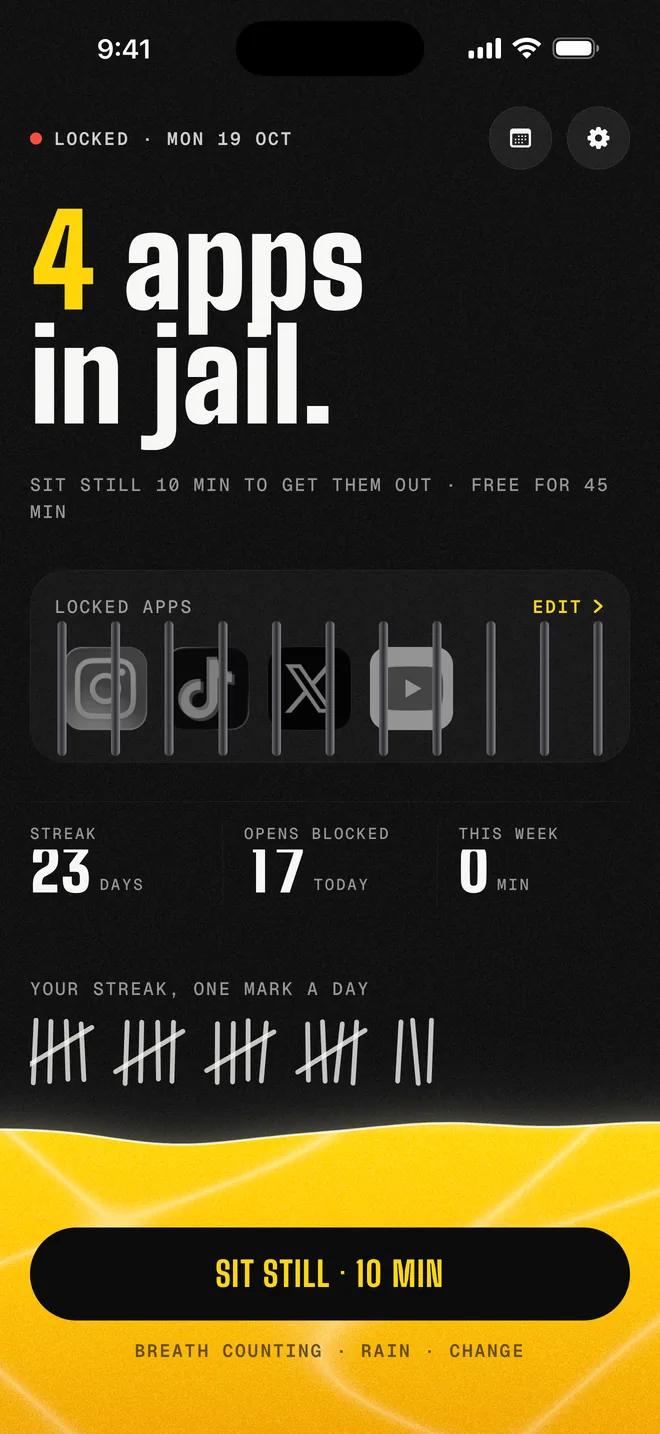 Home screen showing four apps in jail and a button to sit still for 10 minutes